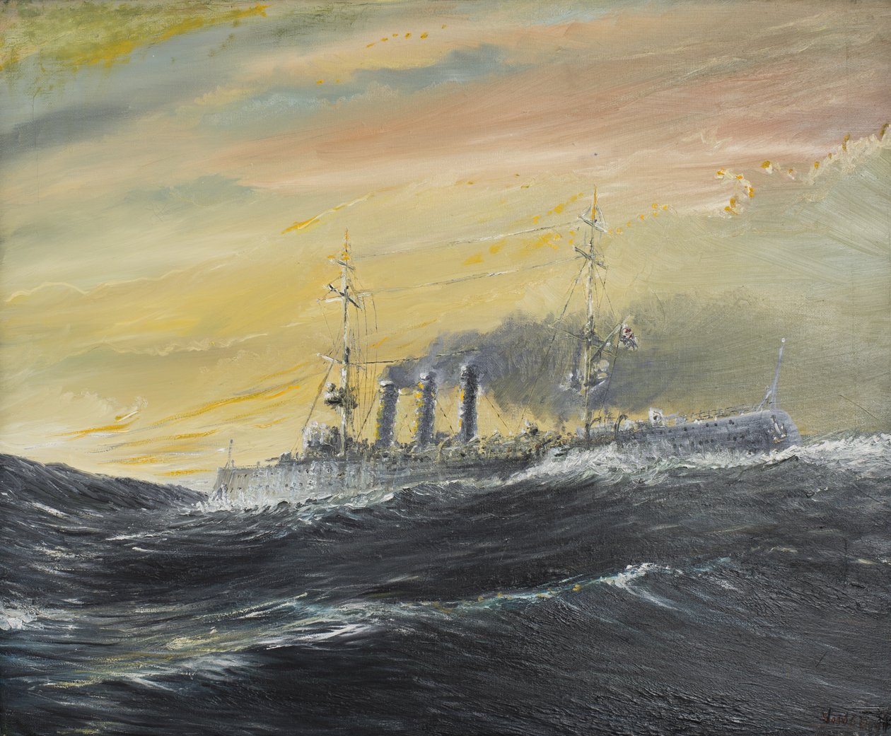 Emden rir på bølgene i Det indiske hav 1914, 2011, (Olje på lerret) av Vincent Alexander Booth