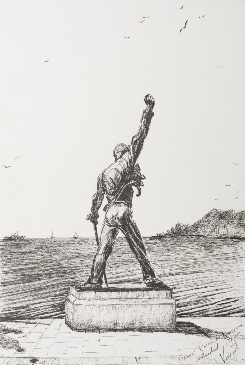 Freddie Mercury Statue Montreux Sveits, 2009, (blekk på papir) av Vincent Alexander Booth