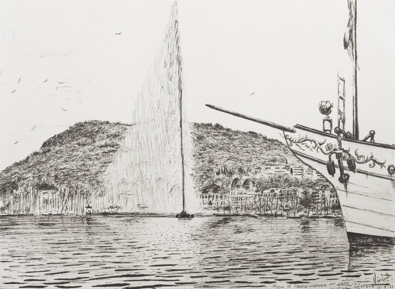 Genèvefontene og lystkrysserbuen, 2011, (blekk på papir) av Vincent Alexander Booth