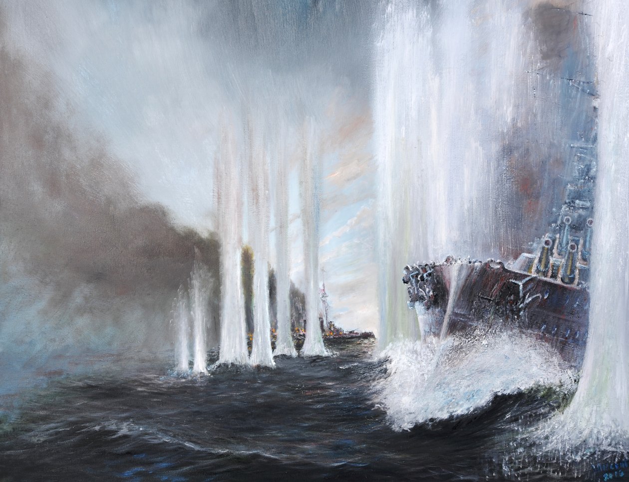 HMS Warspite sirkler rundt HMS Warrior på Jylland, 31. mai 1916, 2018, av Vincent Alexander Booth