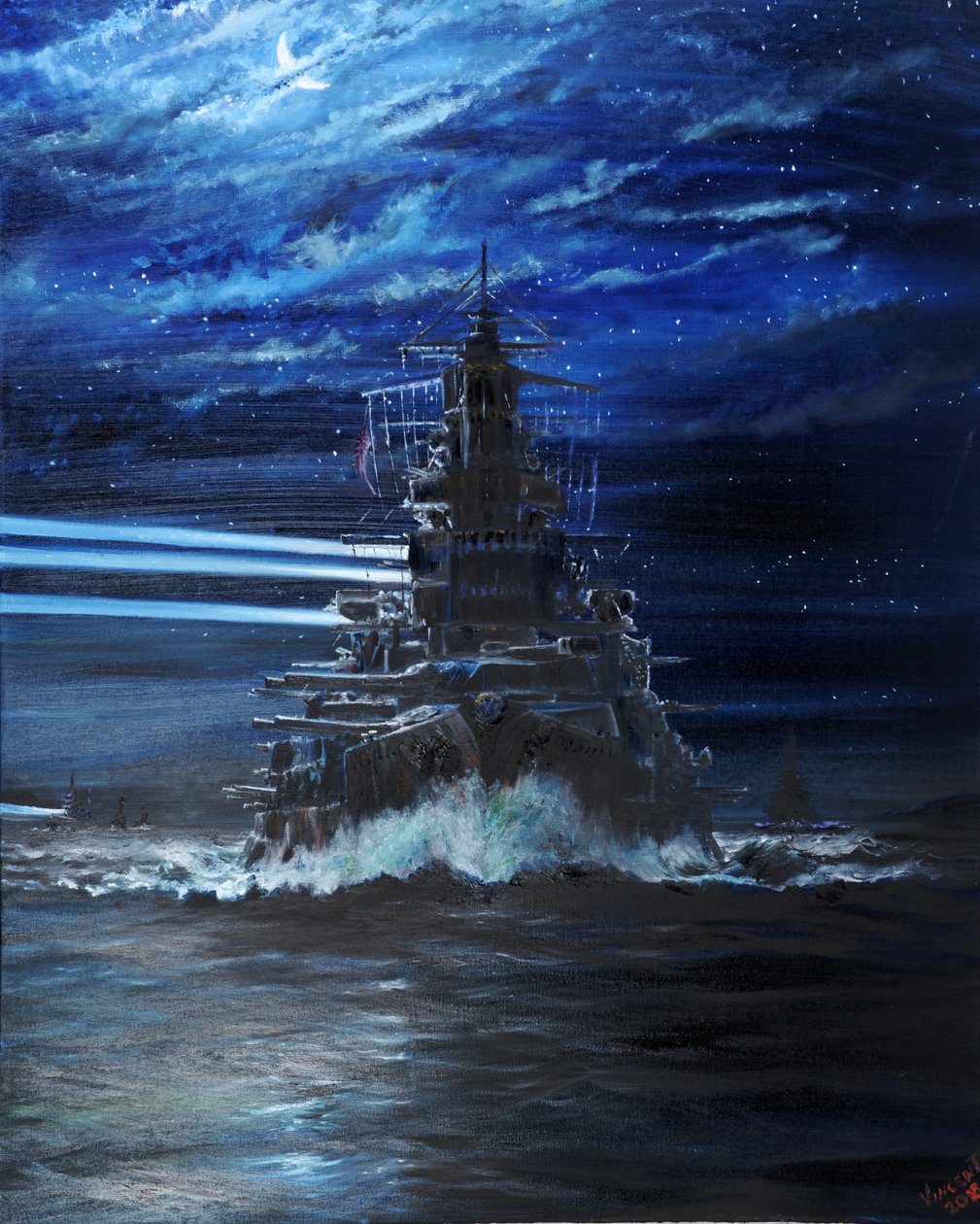 IJN Hiei og Akatsuki lyser opp USS Atlanta, Guadalcanal 1942, 2018, av Vincent Alexander Booth