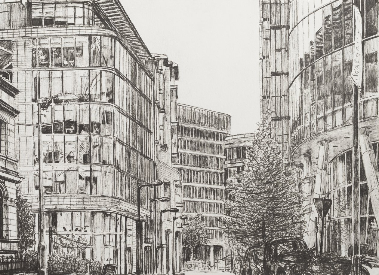 Manchester, Deansgate, utsikt fra kafé, 2010, (blekk på papir) av Vincent Alexander Booth