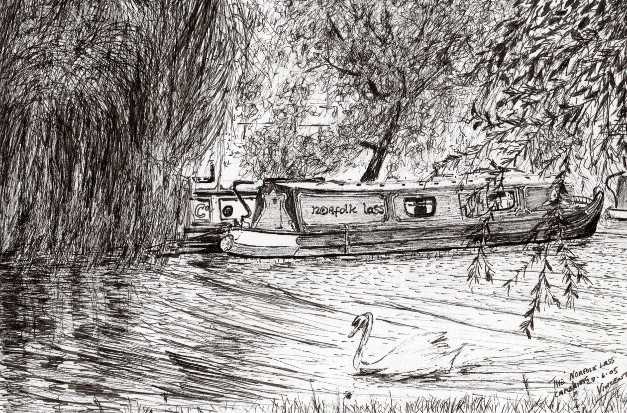 Narrow boats Cambridge, 2005, (blekk på papir) av Vincent Alexander Booth