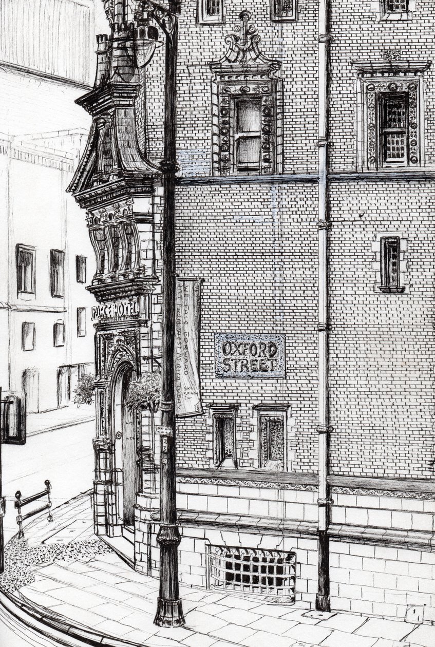 Palace Hotel, Oxford Street, Manchester, 2012, (blekk på papir) av Vincent Alexander Booth