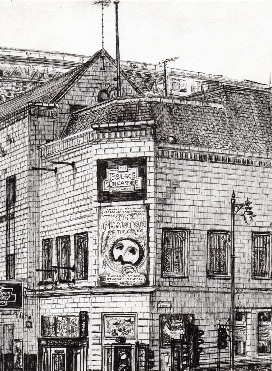 Palace Theatre Manchester, 2013, (blekk på papir) av Vincent Alexander Booth