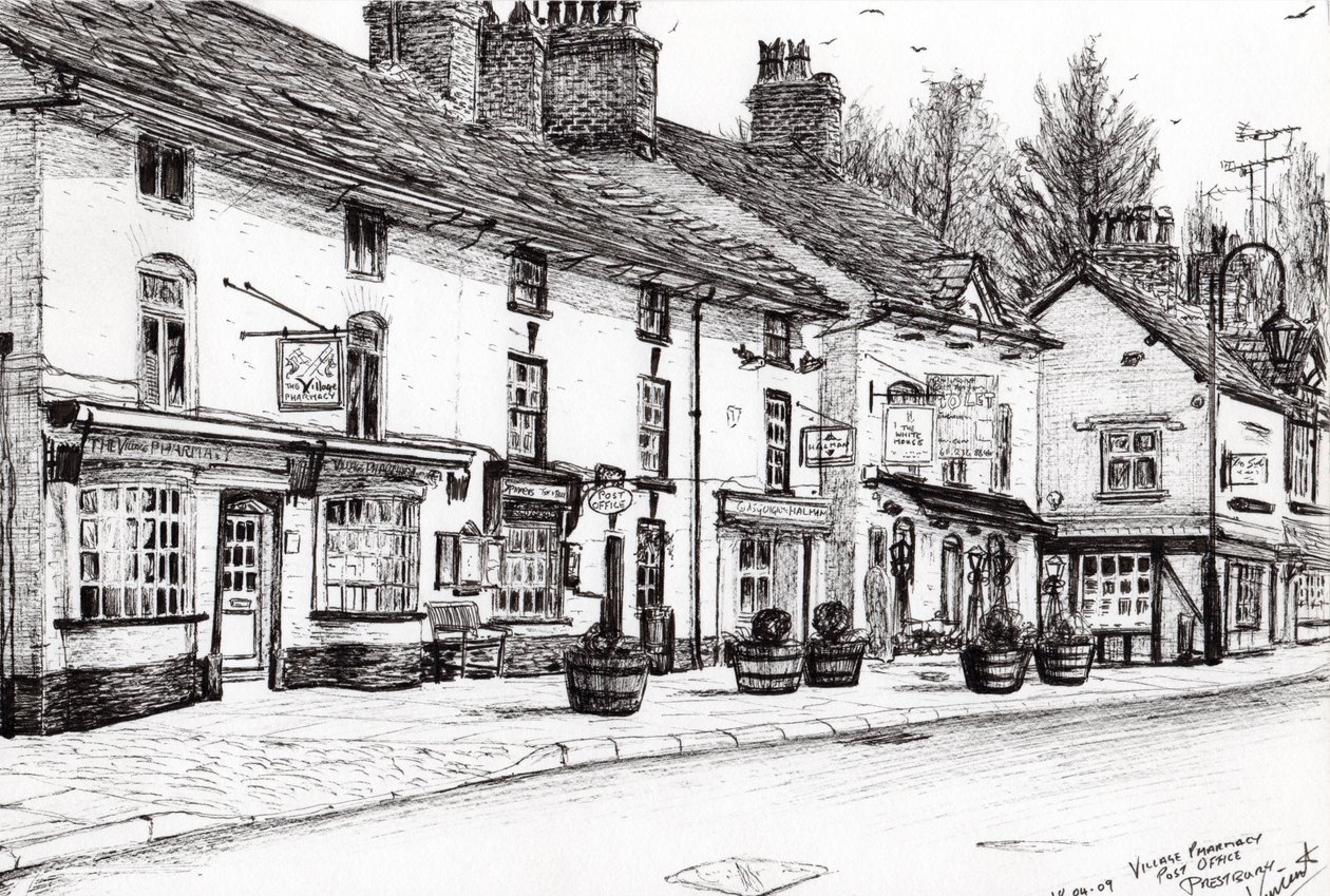 Postkontor Prestbury, 2009, (blekk på papir) av Vincent Alexander Booth
