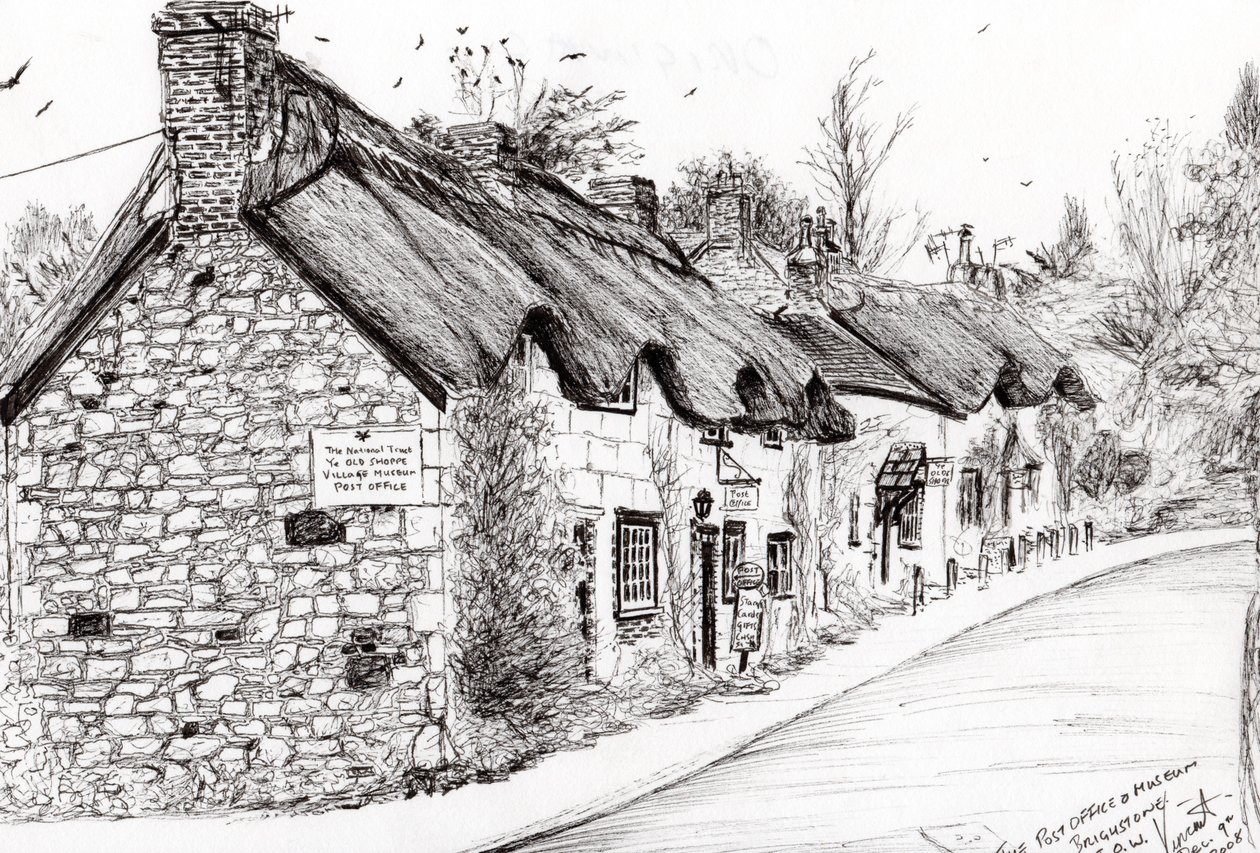Postkontor og museum Brighstone I.O.W., 2008, (blekk på papir) av Vincent Alexander Booth
