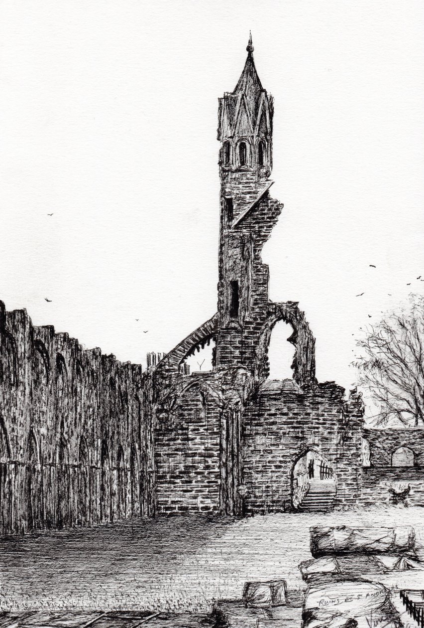 Ruin at St.Andrews, 2006, (blekk på papir) av Vincent Alexander Booth