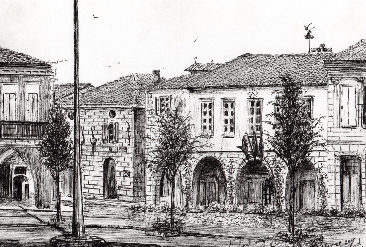 Sauveterre Town Frankrike, 2010, (blekk på papir) av Vincent Alexander Booth