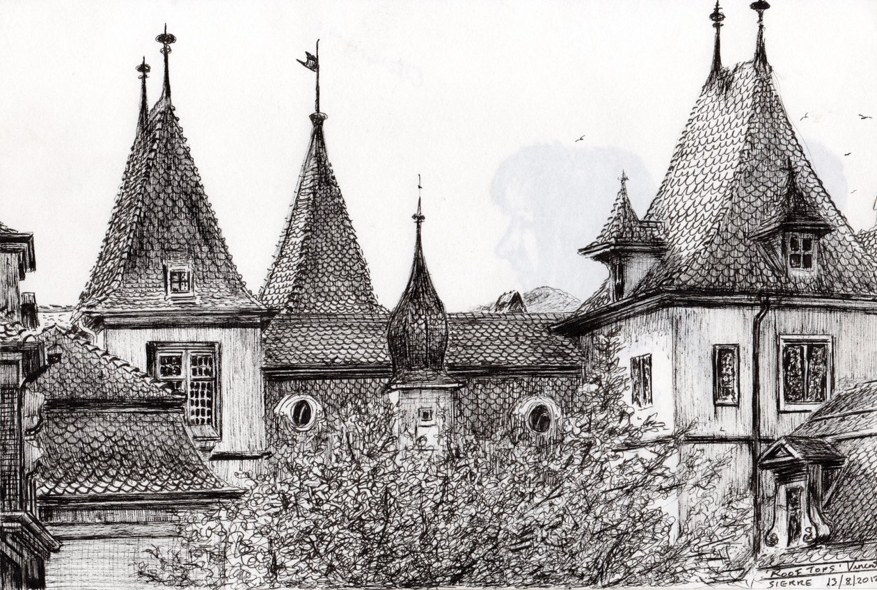 Sierre Rooftops Sveits, 2012, (blekk på papir) av Vincent Alexander Booth