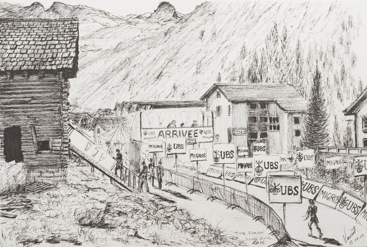 Sierre til Zinal Mountain Race, The Finish, 2009, (blekk på papir) av Vincent Alexander Booth