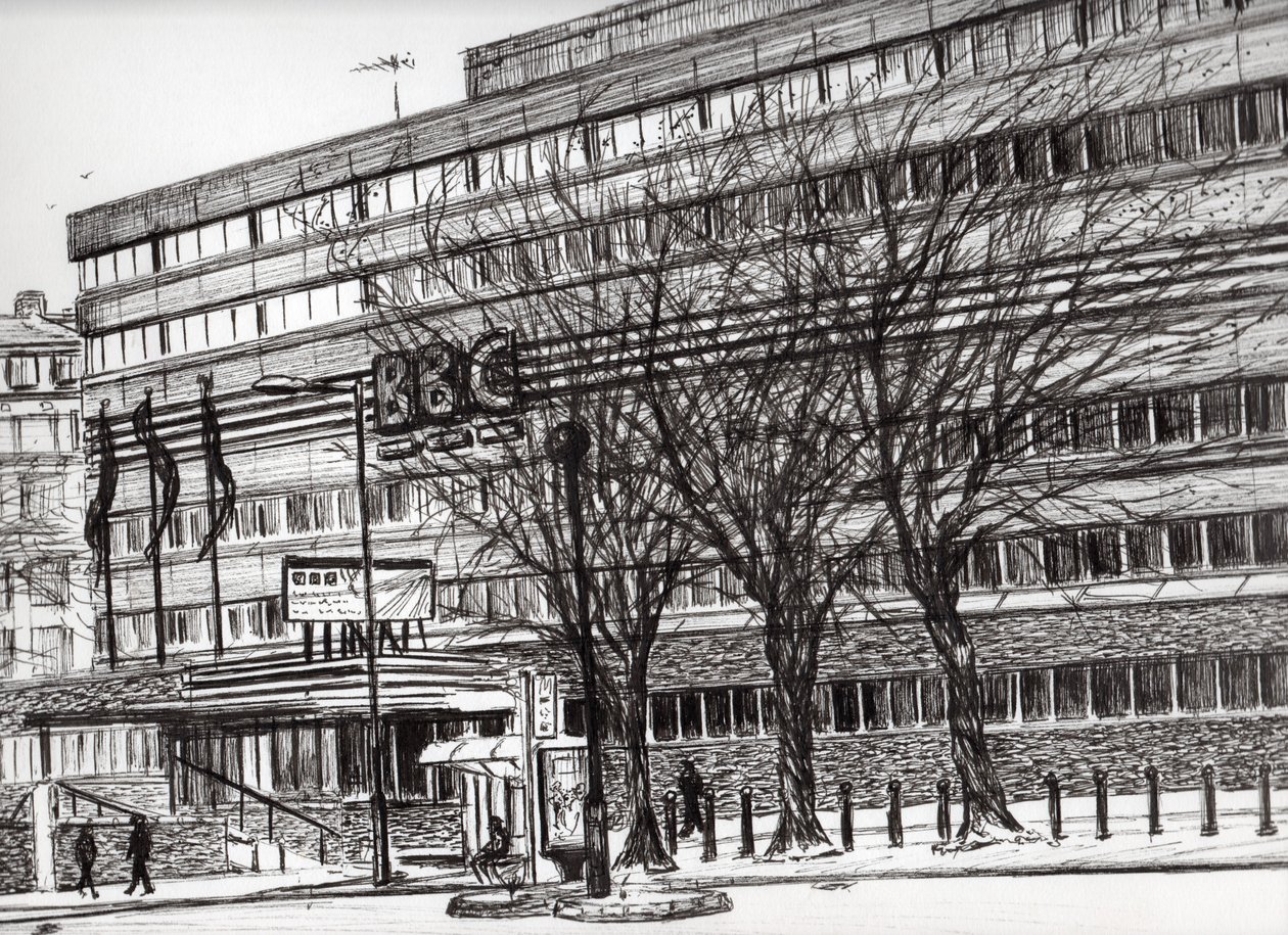 The Old BBC Oxford road Manchester, 2011, (blekk på papir) av Vincent Alexander Booth