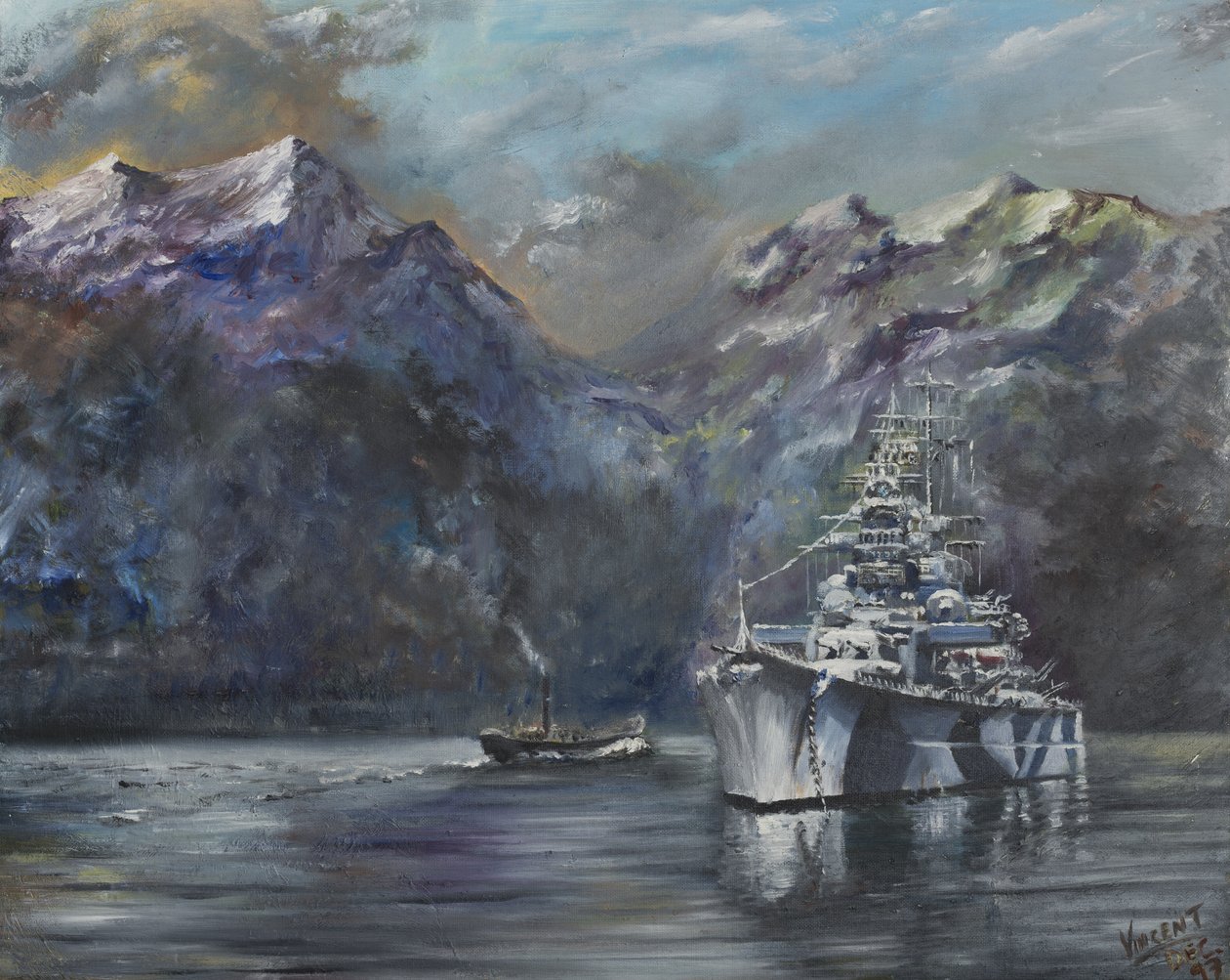 Tirpitz, Norge, 1995, (Olje på lerretstavle) av Vincent Alexander Booth