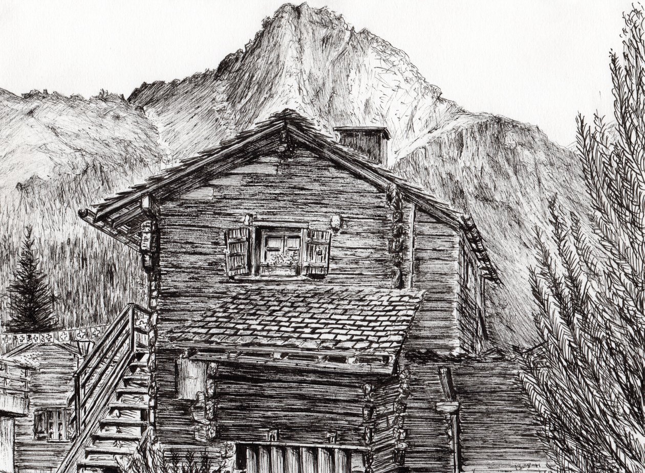 Utsikt fra B&B Zinal Sveits, 2011, (blekk på papir) av Vincent Alexander Booth