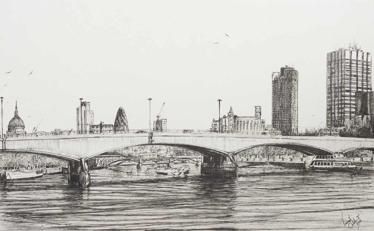 Waterloo Bridge London, 2006, (blekk på papir) av Vincent Alexander Booth