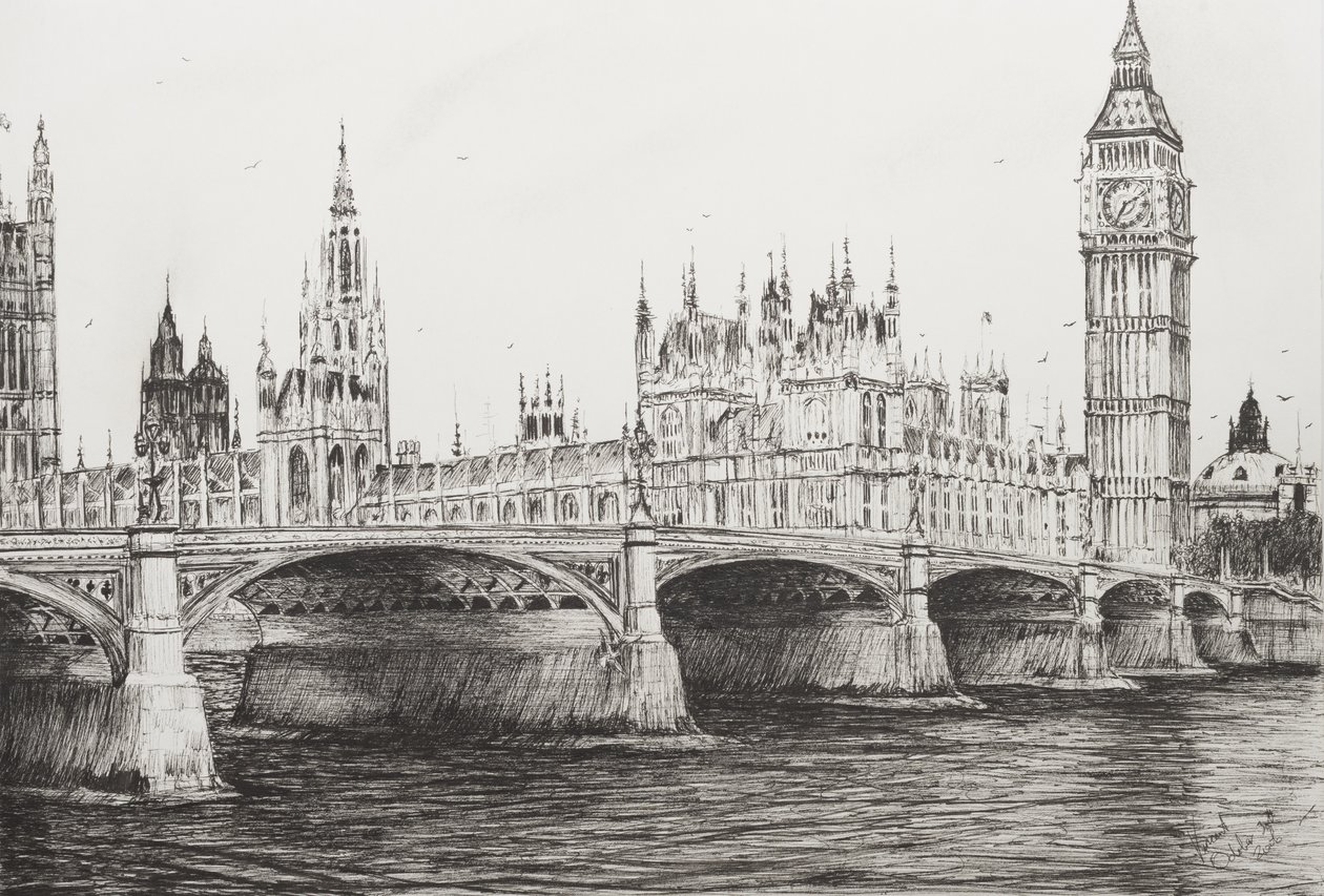 Westminster Bridge London, 2006, (blekk på papir) av Vincent Alexander Booth