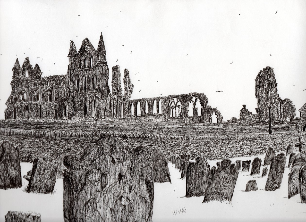 Whitby Abbey, 2007, (blekk på papir) av Vincent Alexander Booth