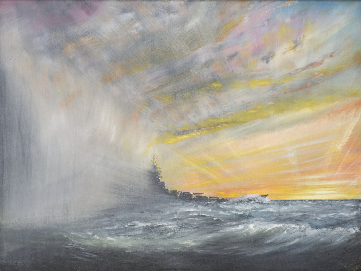 Yamato dukker opp fra Pacific Typhoon 1944, 2010, (Oil on Canvas) av Vincent Alexander Booth