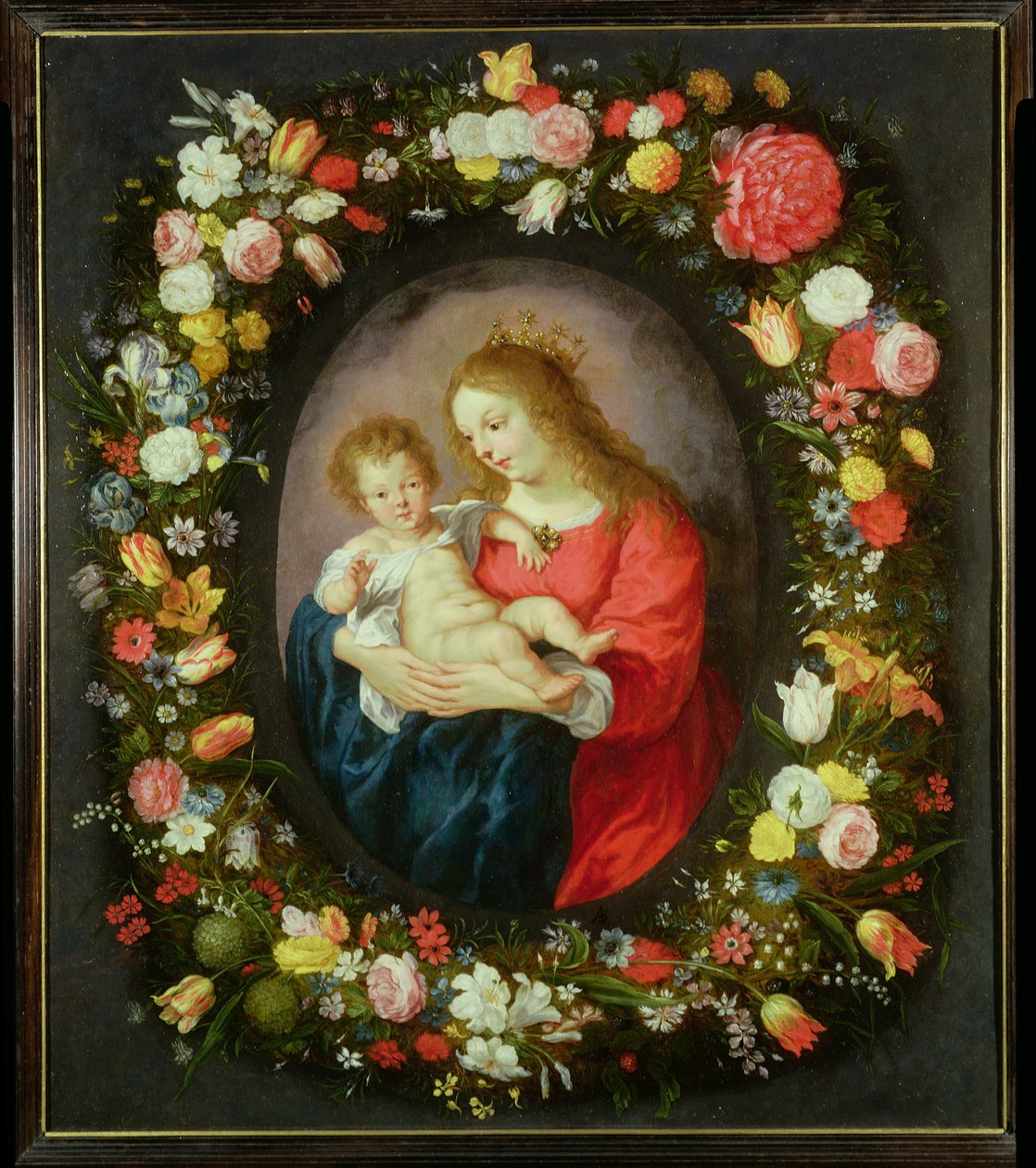 Madonna og barn i en krans av blomster (olje) av Vincent Sellaer