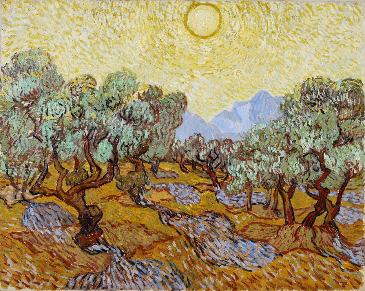 Oliventrær med gul himmel og sol av Vincent van Gogh