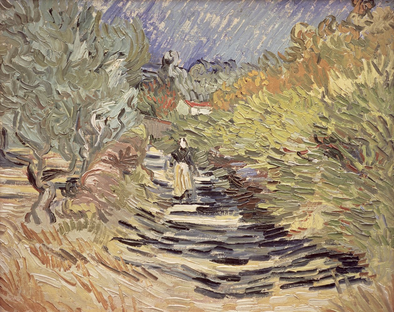 En vei i St. Remy med kvinnelige figurer, 1889 av Vincent van Gogh