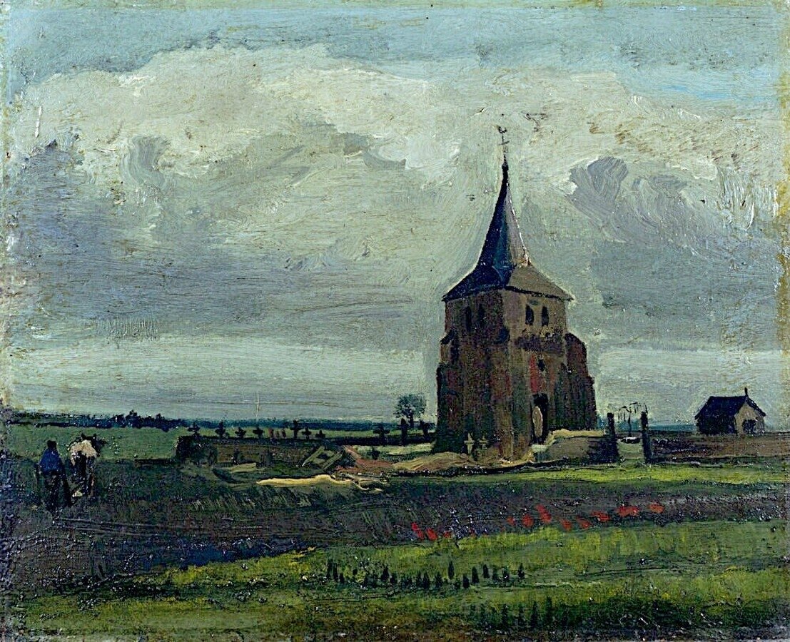Det gamle kirkegårdstårnet i Nuenen med bønder som plager av Vincent van Gogh