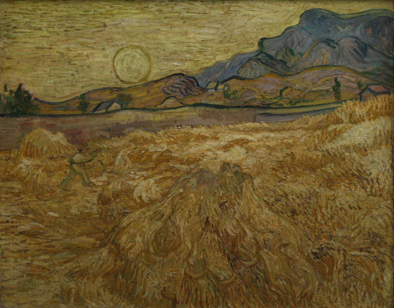 Korenfeld med slåmaskin og sol av Vincent van Gogh