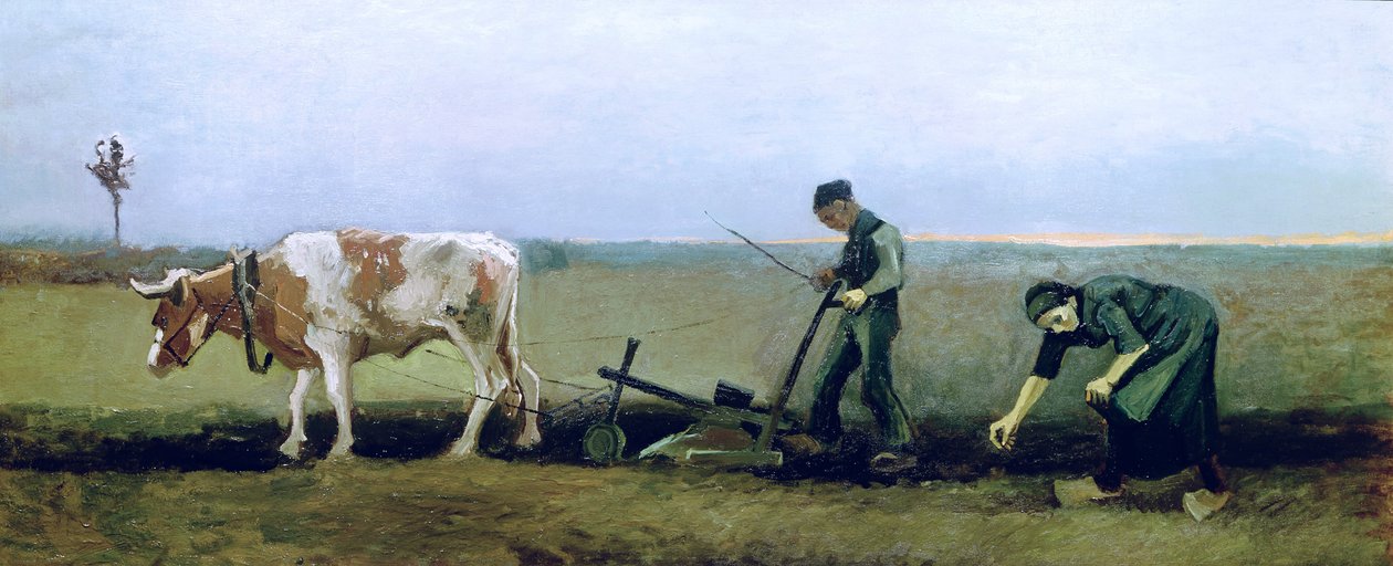 Arbeider og bonde som planter poteter, 1884 av Vincent van Gogh