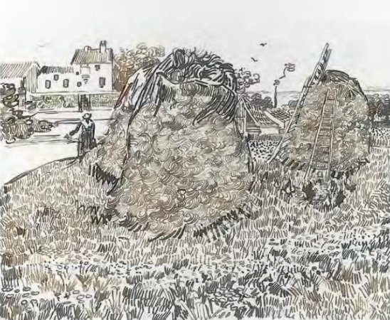 Høstakker i nærheten av gården av Vincent van Gogh
