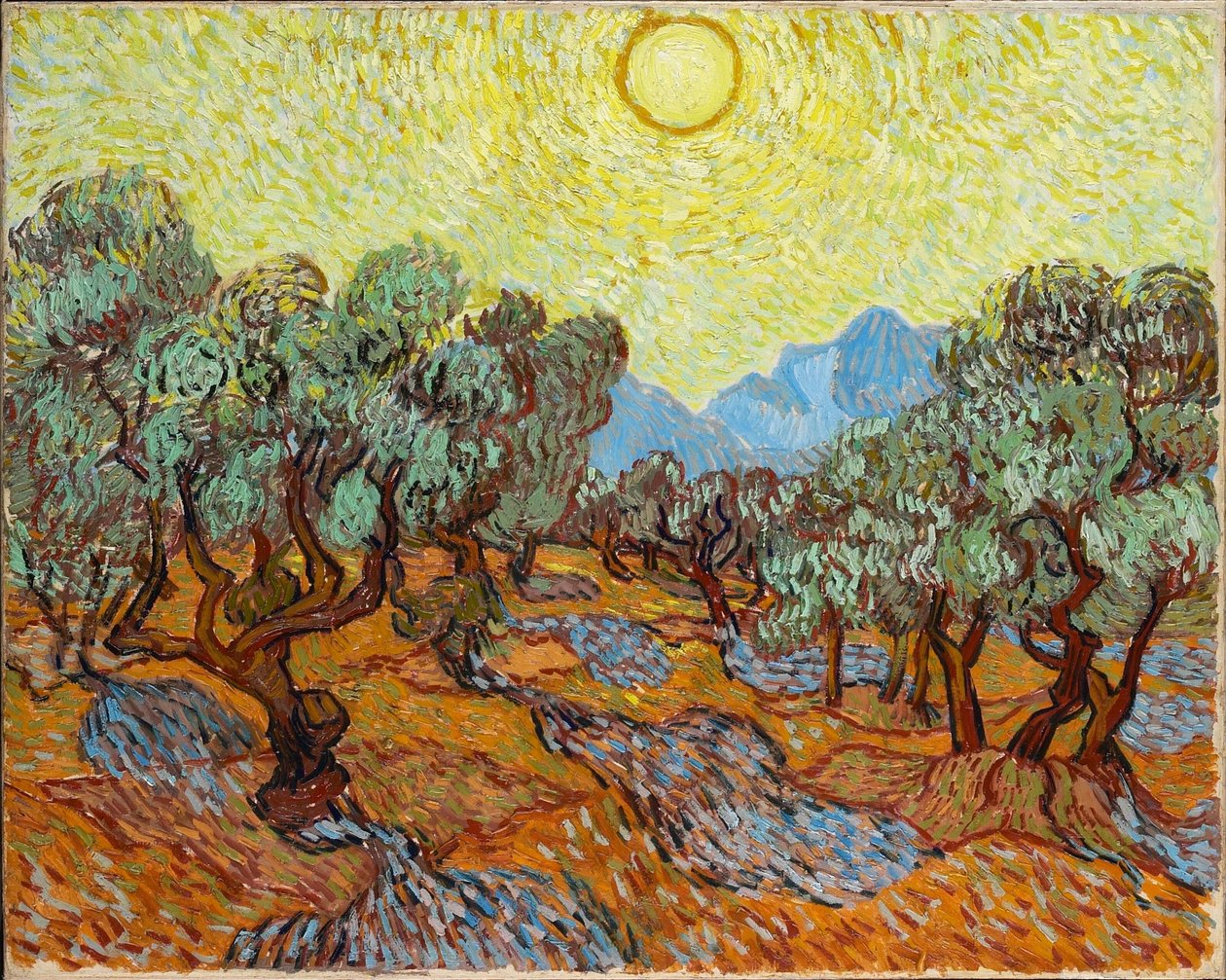 Oliventrær med gul himmel og sol av Vincent van Gogh