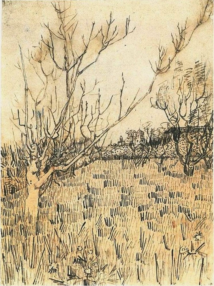 Frukthage med Arles i bakgrunnen av Vincent van Gogh