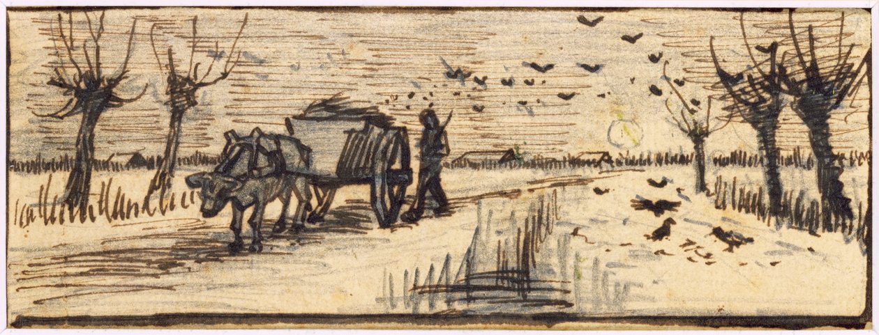 Ox-Cart in the Snow, fra en serie på fire tegninger som representerer de fire årstidene (blyant, penn og brunt blekk på papir) (se også 61644-6) av Vincent van Gogh