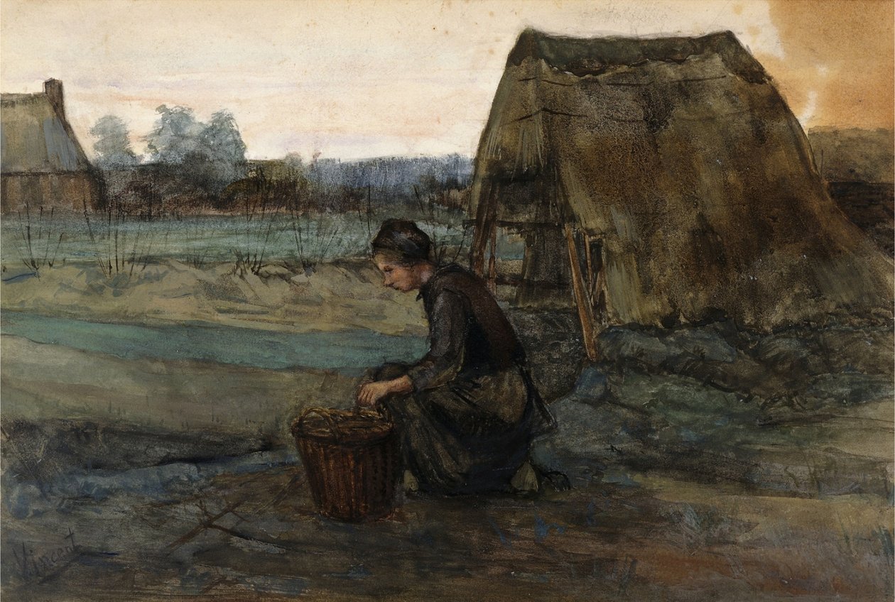 Bondekvinne som kneler foran en hytte av Vincent van Gogh