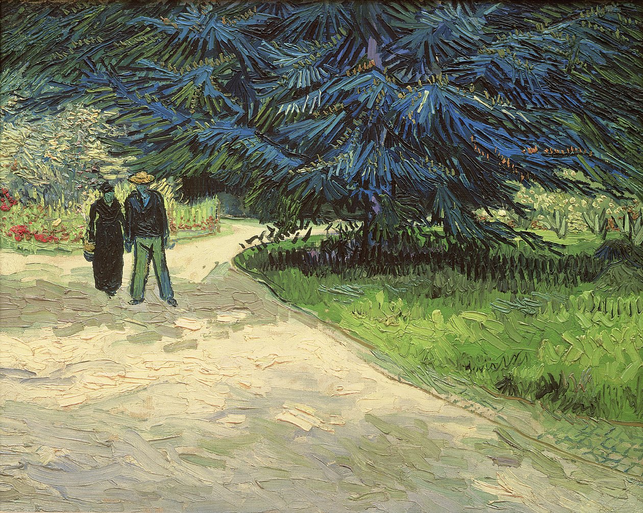 Offentlig hage med par og blågran: Poetens hage III, 1888 av Vincent van Gogh