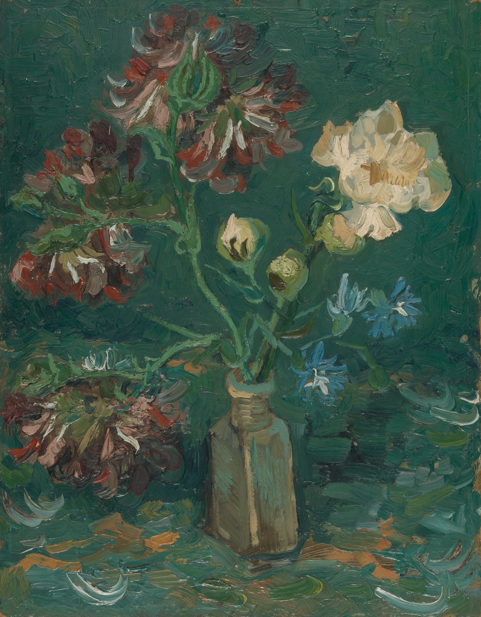 Liten flaske med peoner og blå Delphiniums av Vincent van Gogh