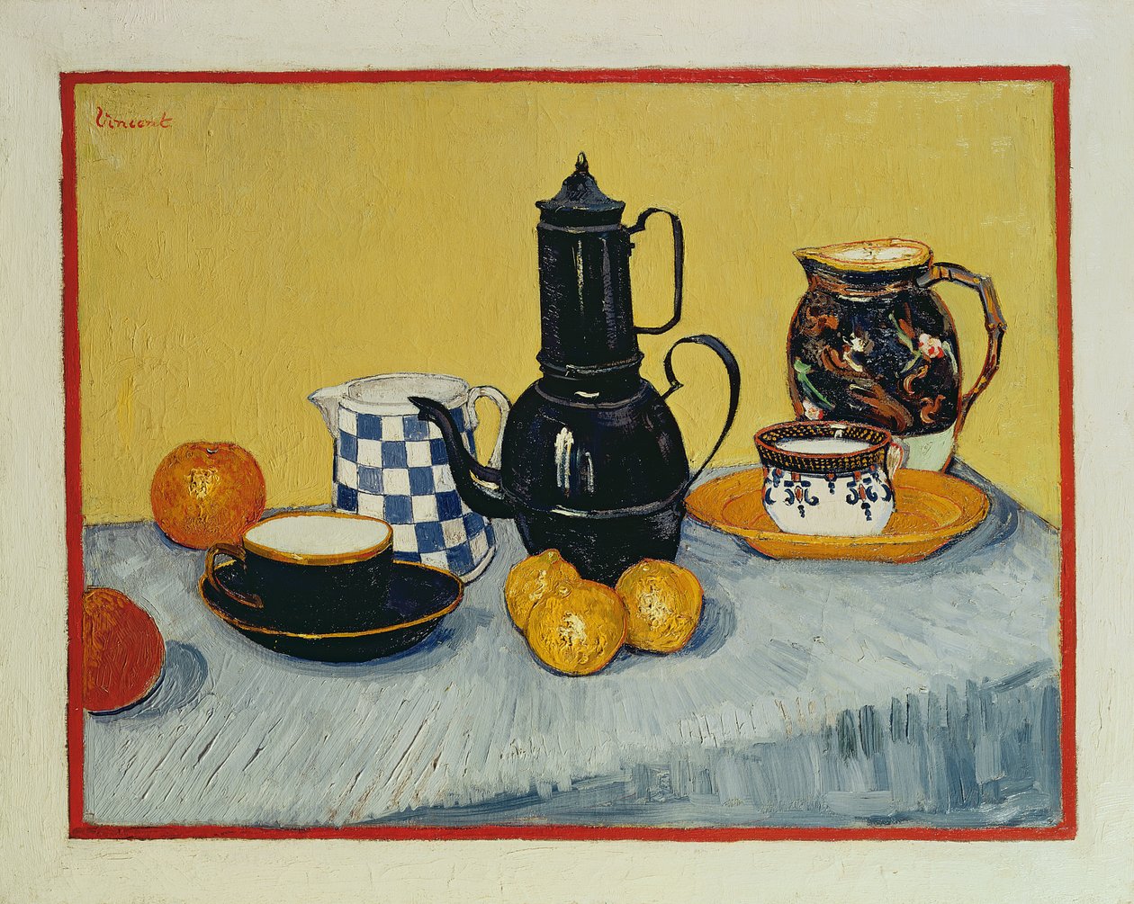 Stilleben med blå emalje kaffekanne, keramikk og frukt, 1888 av Vincent van Gogh