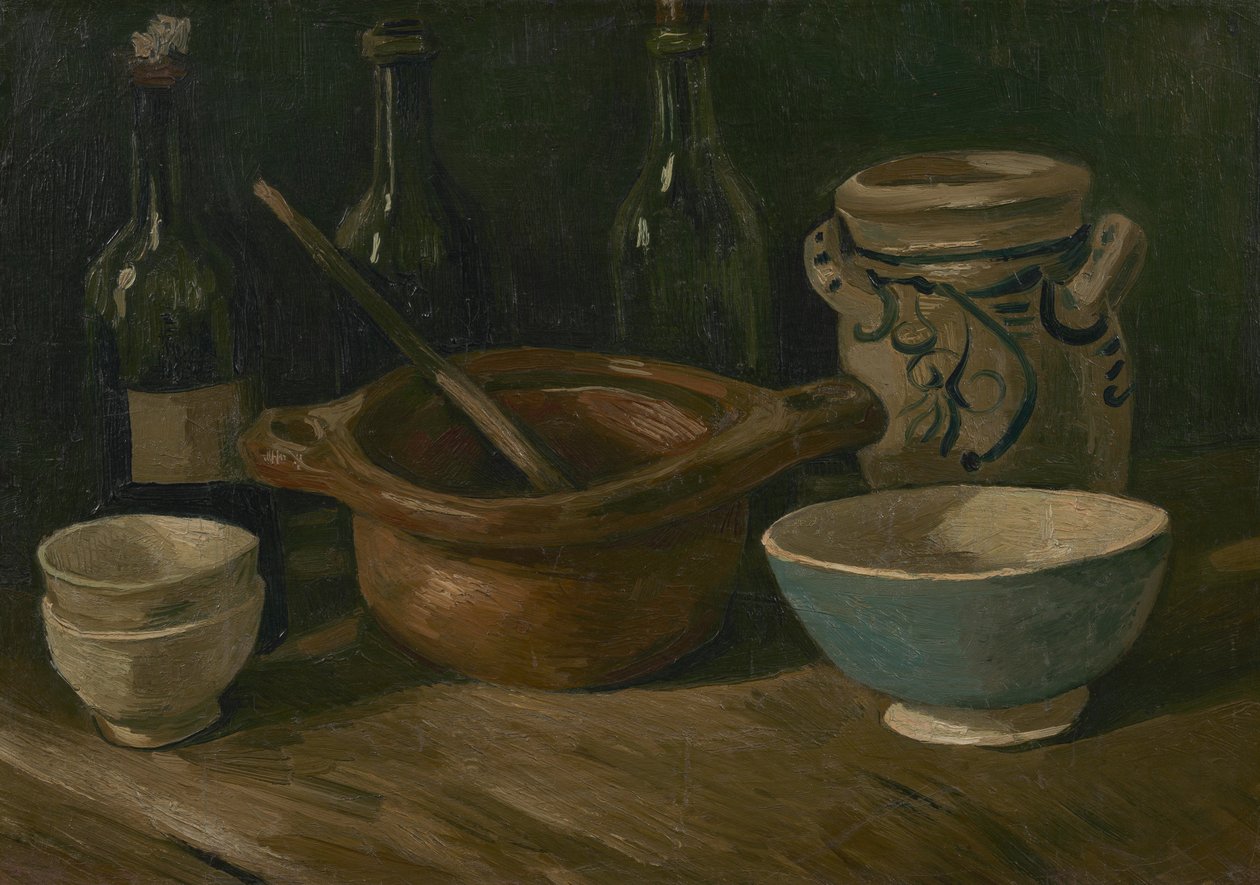Stilleben med keramikk og flasker av Vincent van Gogh