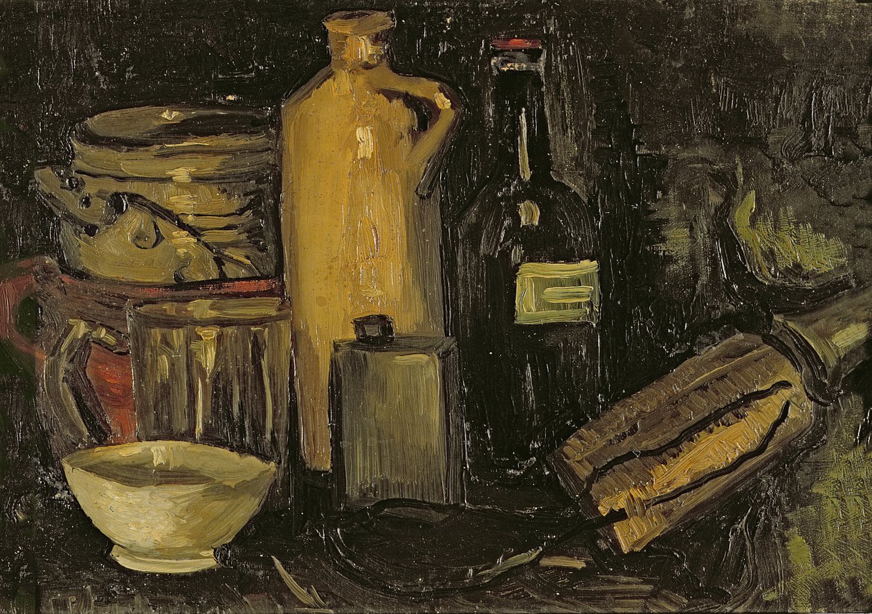 Stilleben med gryter, flasker og kolber, ca. 1886 av Vincent van Gogh