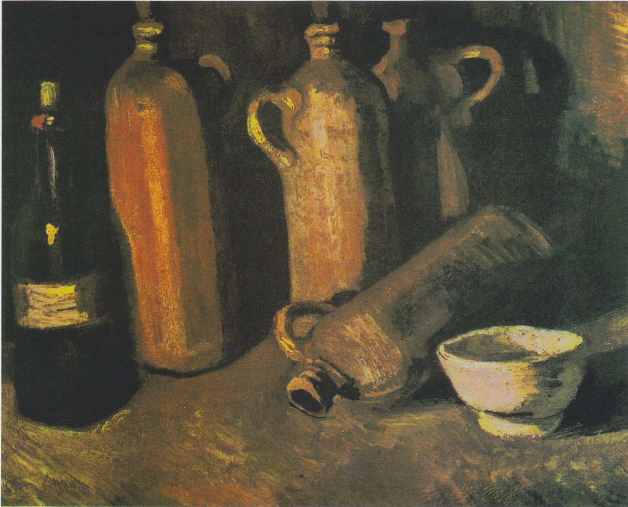 Stilleben med fire kanner, flaske og hvit bolle av Vincent van Gogh