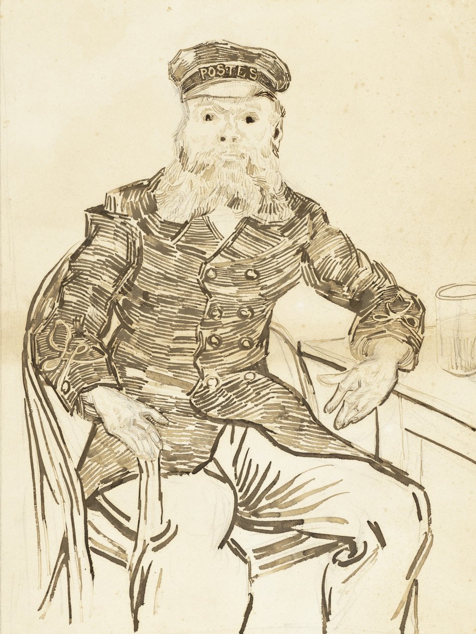 Postmannen Joseph Roulin, 1888 (brunt blekk over grafitt på papir) av Vincent van Gogh