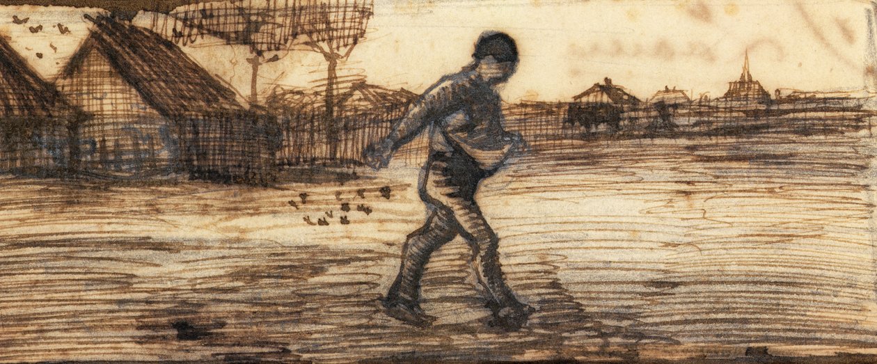 Såmannen, fra en serie på fire tegninger som representerer de fire årstidene (blyant, penn og brunt blekk på papir) (se også 61643-4-6) av Vincent van Gogh
