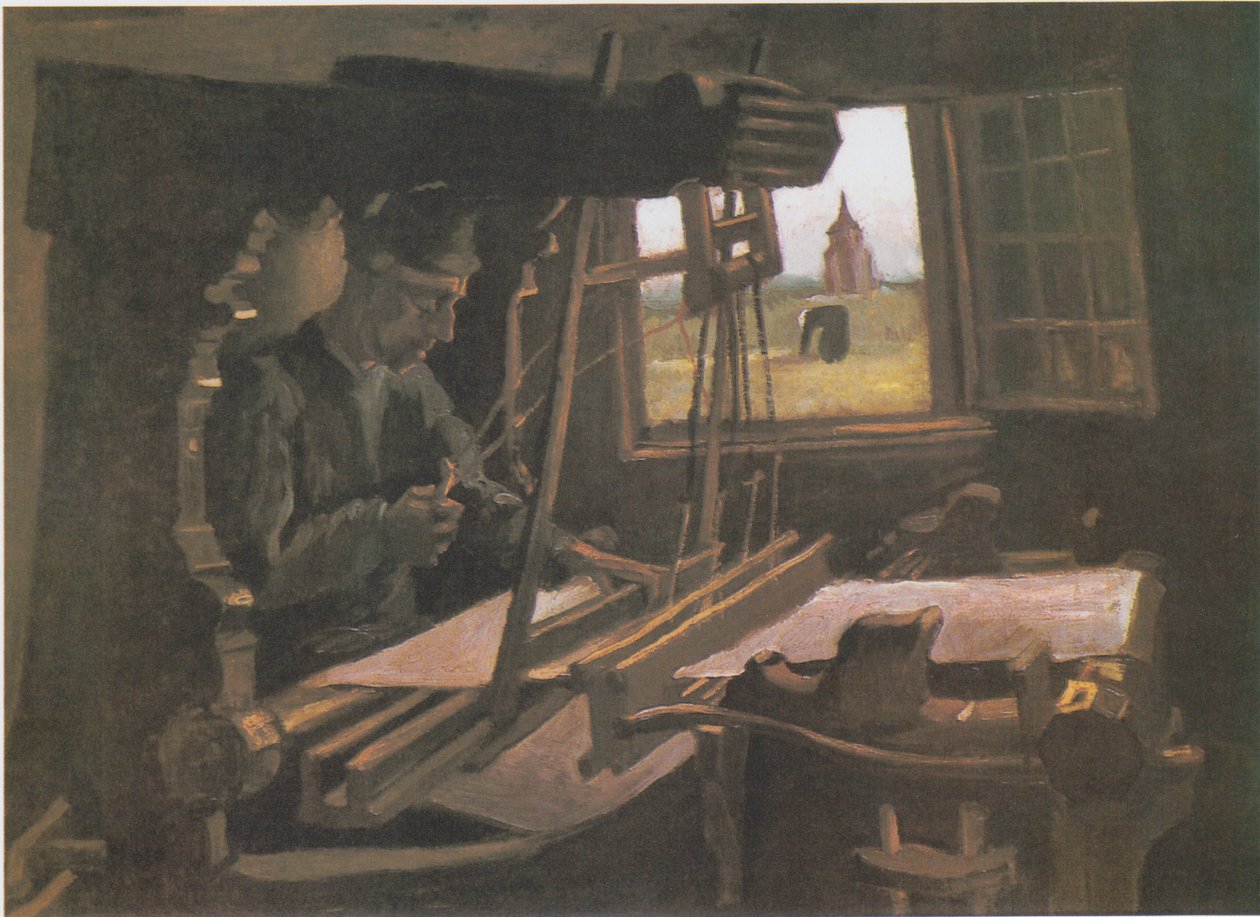 Weber foran et åpent vindu med utsikt over tårnet i Nuenen av Vincent van Gogh