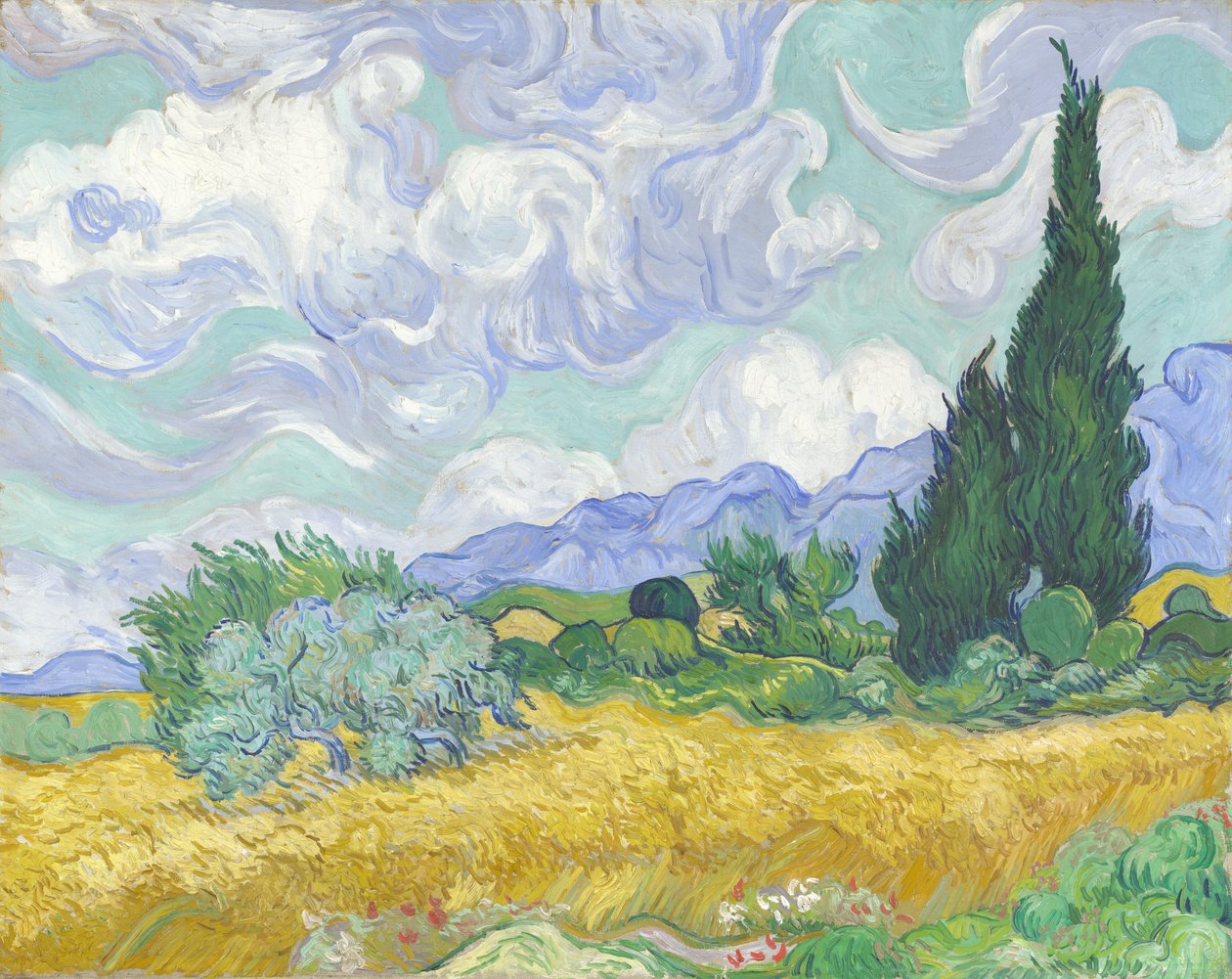 Hvetefelt med sypresser av Vincent van Gogh