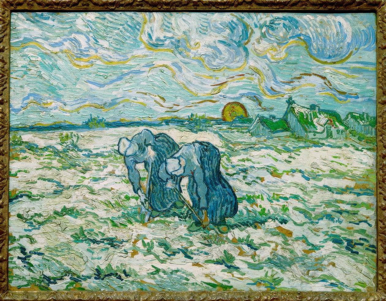 To bondekvinner graver i en snødekt åker av Vincent van Gogh