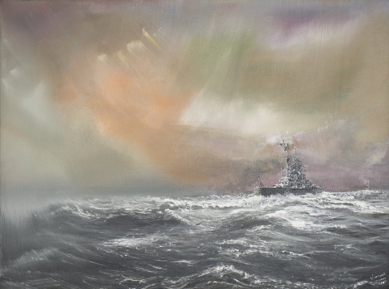 Bismarck signaliserer Prinz Eugen 0959hrs 24051941, 2007, (Olje på lerret) av Vincent Alexander Booth