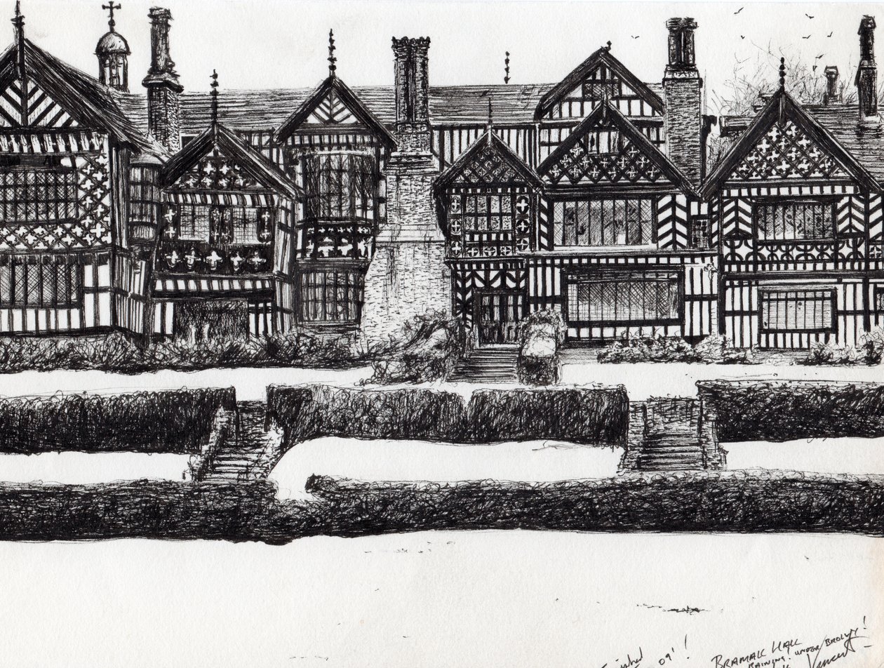 Bramall Hall Bramhall, 2004, (blekk på papir) av Vincent Alexander Booth
