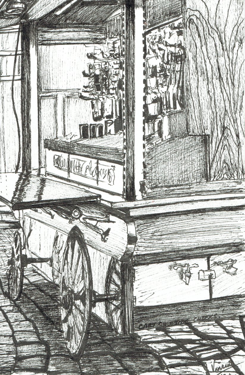 Handlevogn utenfor Cheers Bar Boston USA, 2003, (blekk på papir) av Vincent Alexander Booth