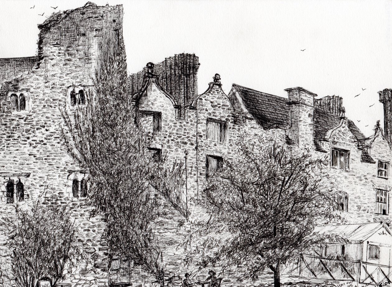Slottsruin Hay on Wye, 2007, (blekk på papir) av Vincent Alexander Booth