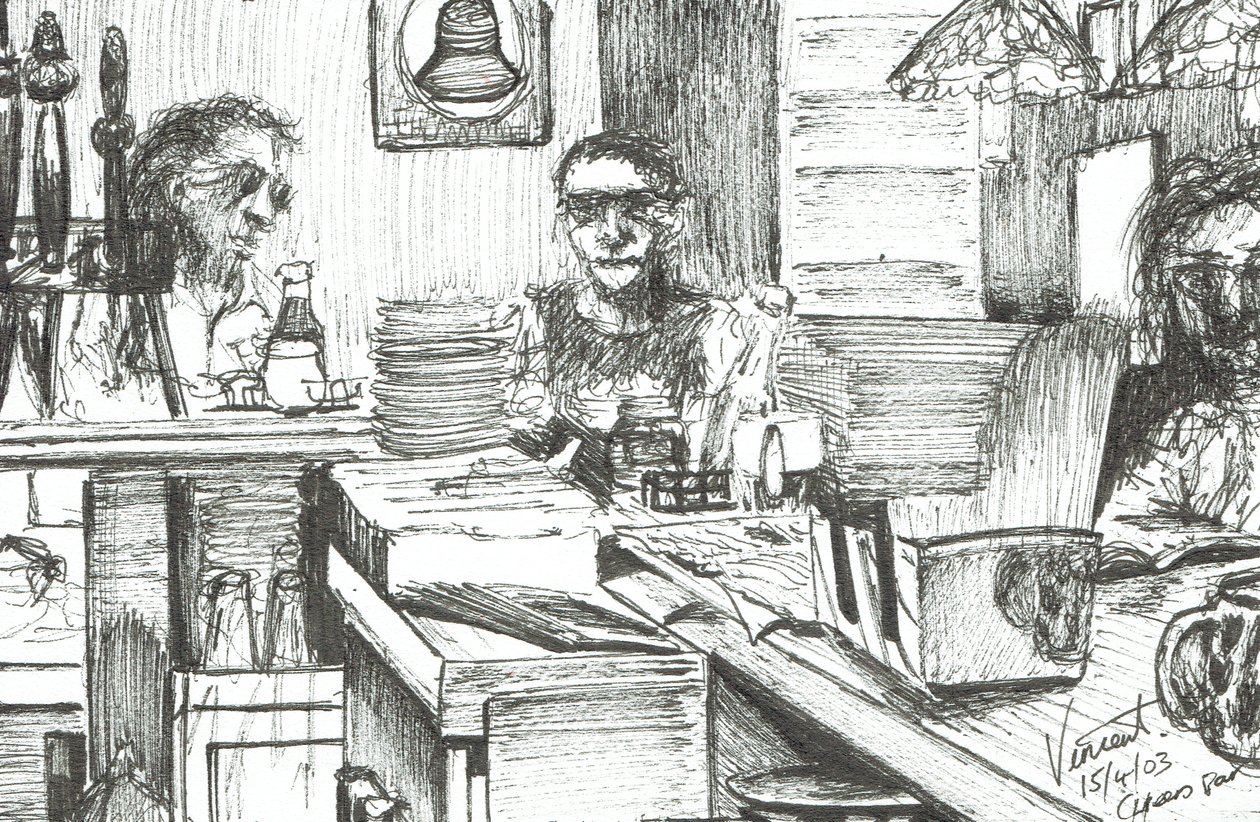 Cheers Bar Boston USA, 2003, (blekk på papir) av Vincent Alexander Booth