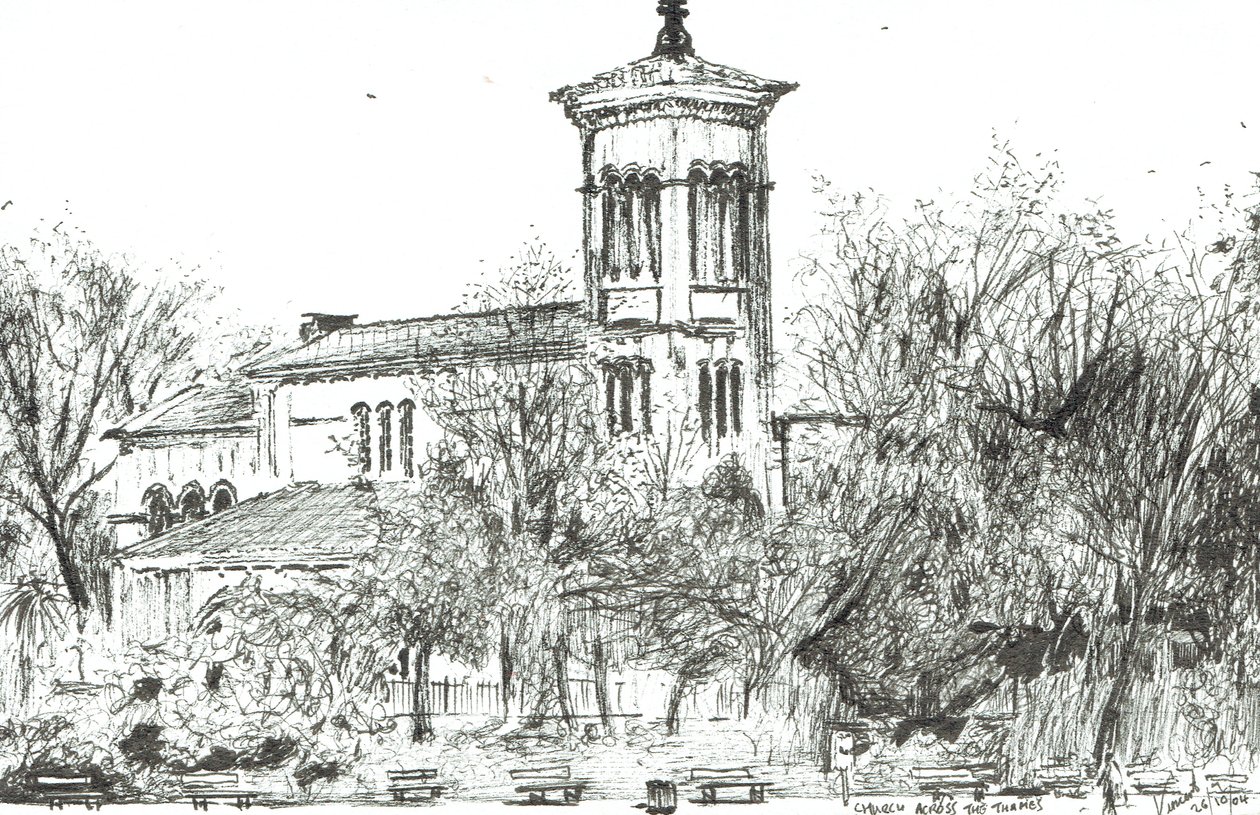 Church over Themsen, 2004, (blekk på papir) av Vincent Alexander Booth